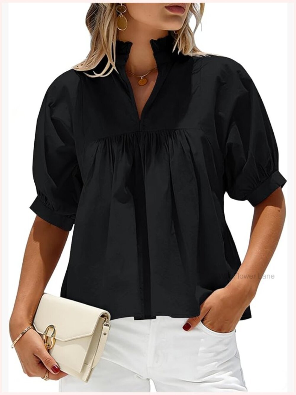 Puff Sleeve V Neck Babydoll Peplum Top Loose Fit Blouse Dressy Casual Summer